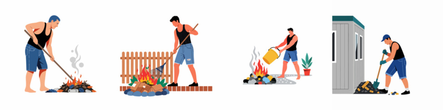 Set of illustrations showing men performing various outdoor yard work tasks like raking leaves, burning debris, extinguishing a campfire, and shoveling mulch.