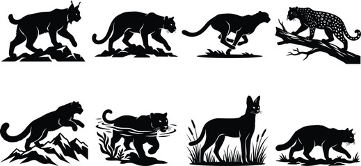 Wild cat silhouette bundle with lynx cougar cheetah leopard snow leopard jaguar serval and wildcat designs © GeetaRani
