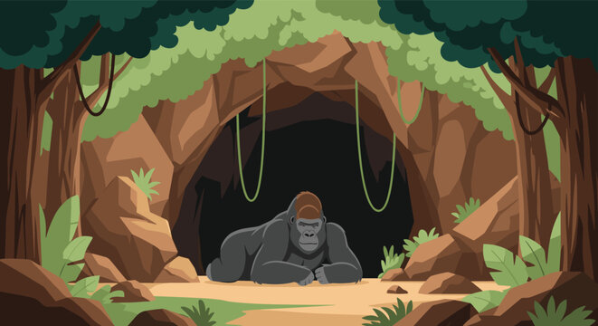 Powerful silverback gorilla resting at the entrance of a dark cave surrounded by lush green tropical jungle plants.