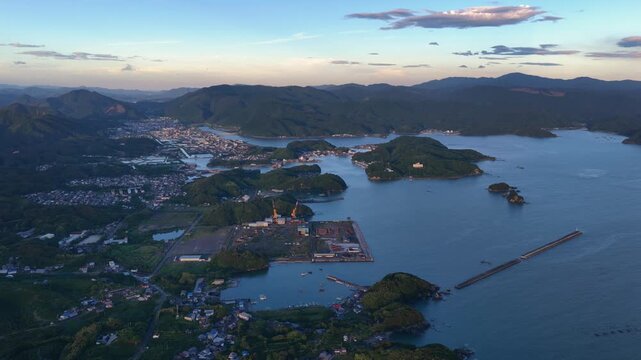 Panoramic Aerial View of Sukumo Bay and Islands at Sunset, Kochi, Japan
