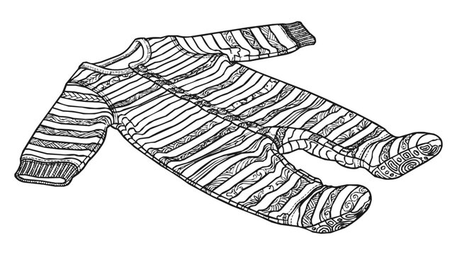 Intricate hand-drawn baby onesie coloring page featuring a decorative footed romper with patterned stripes for creative infant clothing art.