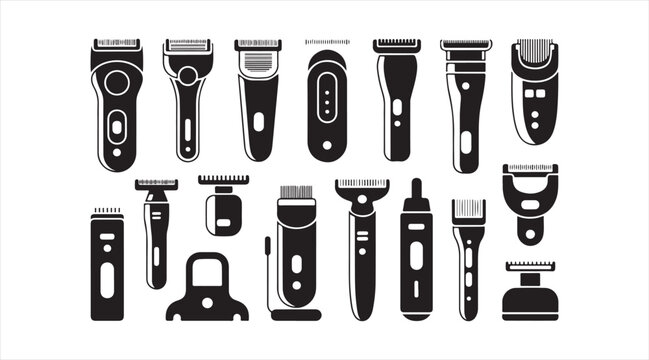 Modern personal care symbol pack with shaving machines, hair clippers and grooming equipment vector pictograms