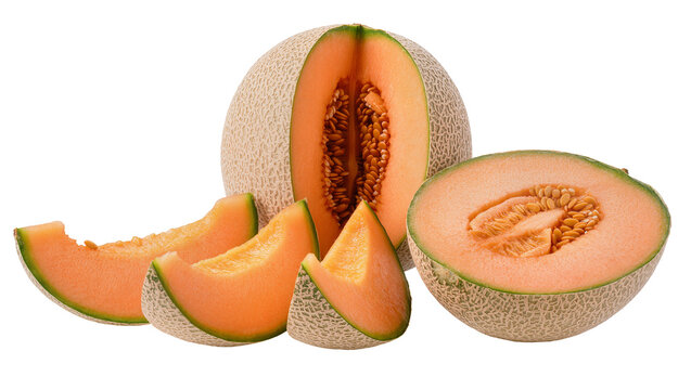 Cantaloupe melon halves and slices with seeds