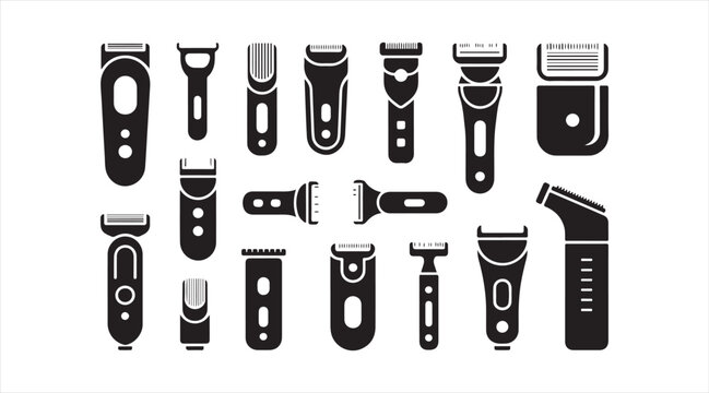Minimalist electric shaver icon set with grooming tools, hair clippers and personal care equipment in black vector style