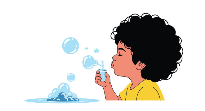 Young child with curly hair blowing soap bubbles from a small blue container on a plain white background.