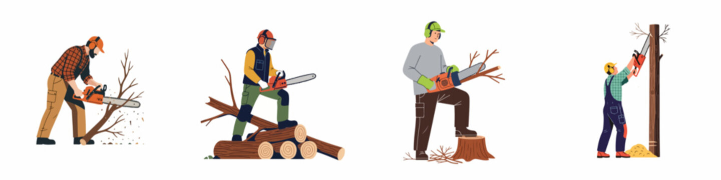 Set of professional lumberjacks and arborists using chainsaws to cut trees, logs, and branches, wearing protective safety gear in flat vector style.