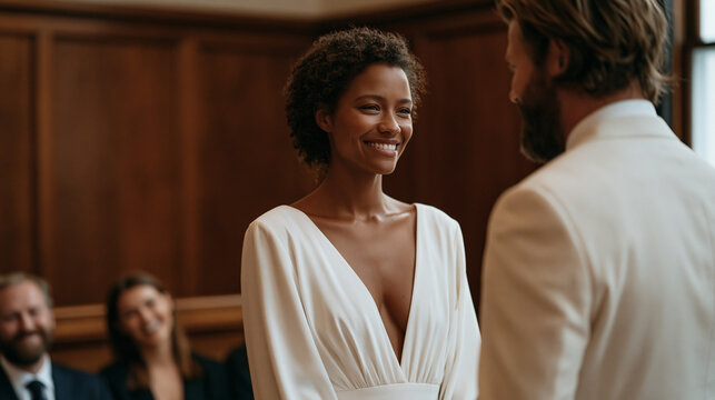 Couple exchanging vows at a simple courthouse in everyday attire, registrar officiating in a quiet wood-paneled room, two witnesses smiling nearby, an understated elopement scene