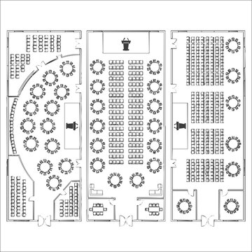 Architectural Floor Plan options showcasing various Seating Arrangement styles for a Conference Room Layout including banquet, theater, and