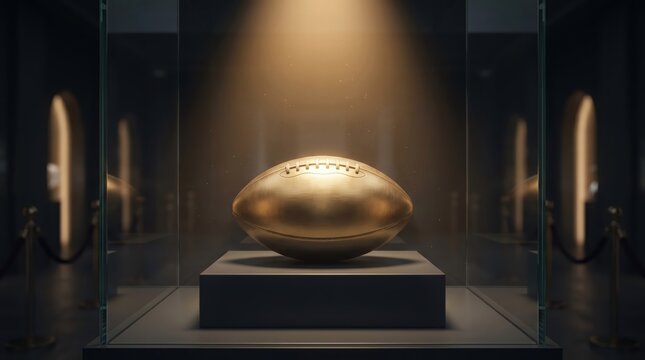 Golden football trophy displayed on a pedestal under a spotlight in a dark museum.