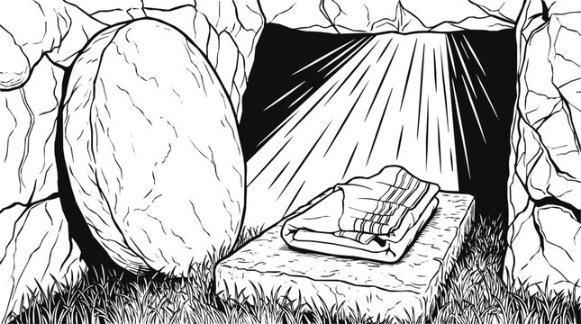 Biblical Scene of the Empty Tomb Celebrating the Resurrection of Jesus During Easter with the Stone Rolled Away and Divine Light Streaming In