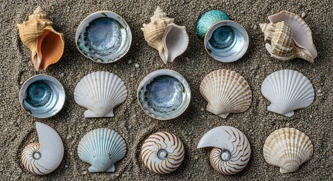 Assortment of Natural Seashells and Abalone on Textured Sand Background