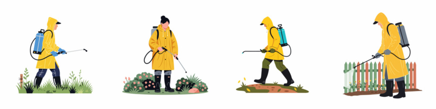 Set of four illustrations of workers in yellow raincoats using backpack sprayers for pest control, weed management, and garden maintenance.