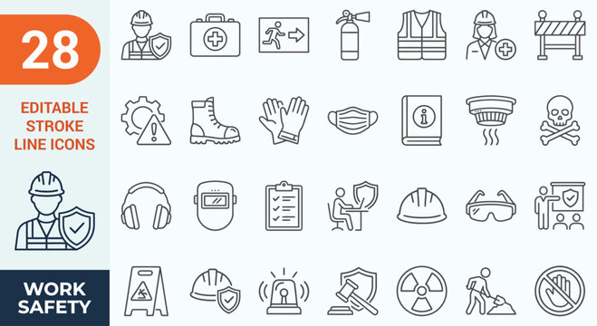 Work safety icon set. Containing workplace security, Safety first, hard hat, insurance, first aid kit, risk management, regulation, and more. editable stroke. Vector illustration