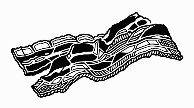 Bacon strip illustration featuring a stylized breakfast food design element in a graphic black and white meat pork icon art style