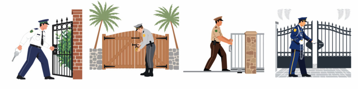 Vector illustrations of security guards in different uniforms opening and locking various types of property gates like metal, wood, and sliding gates.
