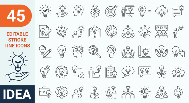 Idea icon set. Containing Creative idea, brainstorming, solution, thinking, innovation and more. Outline Icon Collection. Editable stroke. Vector illustration	