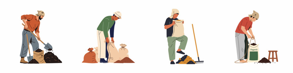 Set of farmers or gardeners working with organic compost, soil, and sacks for agricultural or gardening purposes. © Sugik