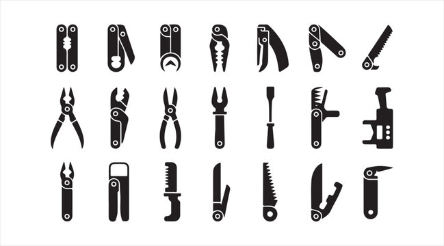 Minimalist hand tool icon set with pliers, clamps, cutters and workshop equipment symbols in black vector style