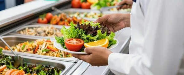 Obraz premium Staff member puts fresh salad onto plate at school buffet. Healthy food choices offered from steam tables. Students enjoy nutritious meal at cafeteria during lunch break.