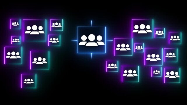Glowing neon Targeting and personalization of customer communication. Marketing automation system. Marketer tapping a customer icon.4k