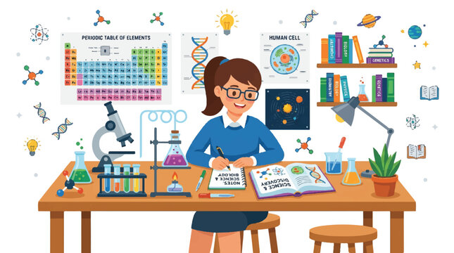 Young girl scientist conducting experiments at a classroom lab bench with books and plants.