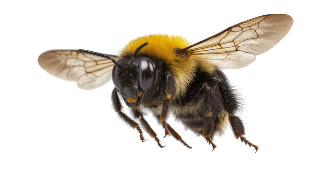 Bumblebee with yellow fuzzy thorax and black abdomen in flight