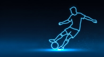 Naklejka premium Illuminated outline of a soccer player mid-kick against a dark cosmic background, emphasizing motion and energy.