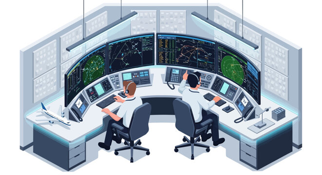 Control room with two operators, industrial monitoring station, command center
