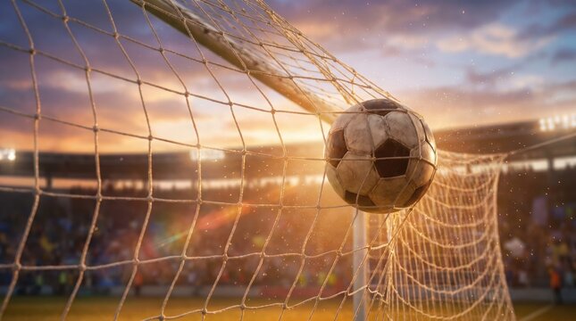 Soccer ball hitting the net of a goal in a stadium at sunset.