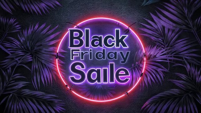 Vibrant Black Friday Sale Neon Sign with Stylish Tropical Palm Leaves
