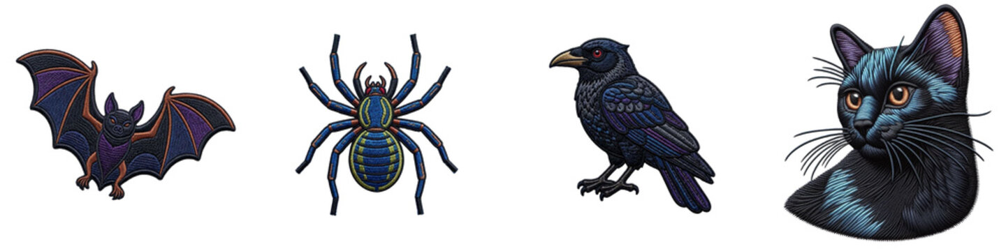 Halloween embroidered patch set with cat bat spider and spiderraven