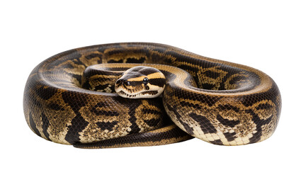 Fototapeta premium Ball python coiled with patterned scales and visible fangs