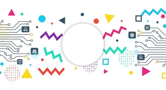 Creative technology collage with central white circle and colorful math shape elements.