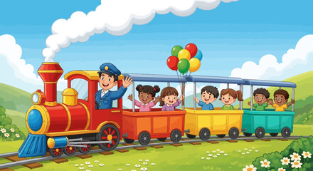 Colorful train with happy children, amusement park ride, fun concept, kids entertainment © Adam