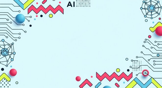 Light blue ai technology background frame with nodes circuits and binary code data stream.