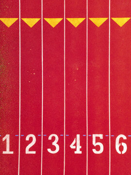 Aerial view of the red running track with white lane numbers at the Instituto Tecnologico de Merida in Merida, Yucatan, Mexico.