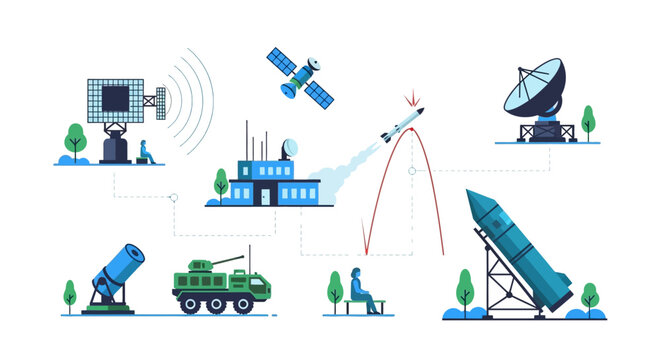Military defense systems, missile launchers and satellite technology, warfare concept, military operations background