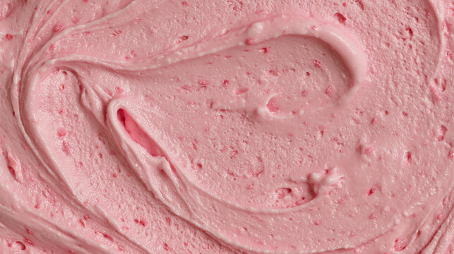 Strawberry gelato or ice cream texture background with rich pastel pink color, smooth creamy pattern, and natural berry fragments