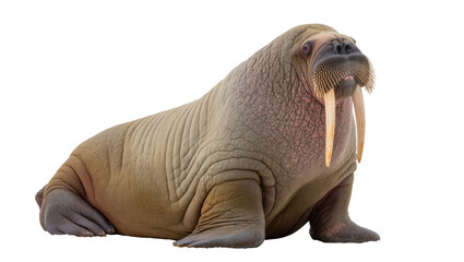 Large walrus with tusks resting on white surface © Emma