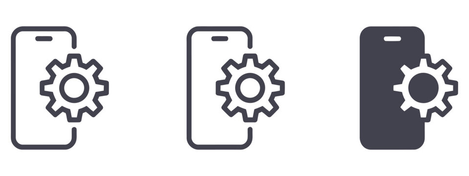 Settings icon smartphone with two overlapping gears representing configuration system control preferences and mobile app customization interface concept, vector design
