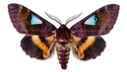 Furry moth with purple orange, and blue wing markings © Emma