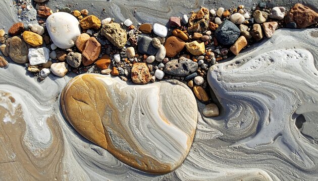 Colorful pebbles and stones at the shore are partially covered by swirling, gray-toned foamy water