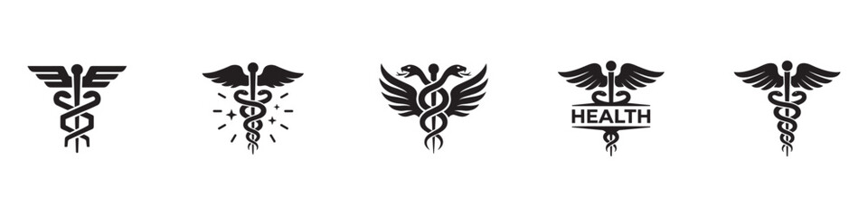 Naklejka premium Caduceus medical icon set. Hermes staff symbol. Pharmacy snake logo collection. Medicine and health care sign. Vector illustration. Vector Graphic. EPS 10