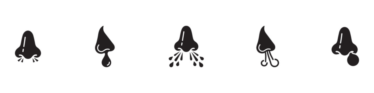 Runny nose icon set. Sneezing and nasal allergy symbol. Cold flu virus and rhinitis logo collection. Health disease sign. Vector illustration. Vector Graphic. EPS 10