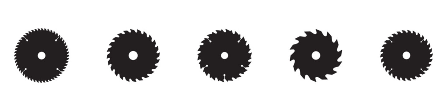 Circular saw blade icon set. Wood cutting tool symbol. Sawmill rotating disc logo collection. Carpentry workshop sign. Vector illustration. Vector Graphic. EPS 10