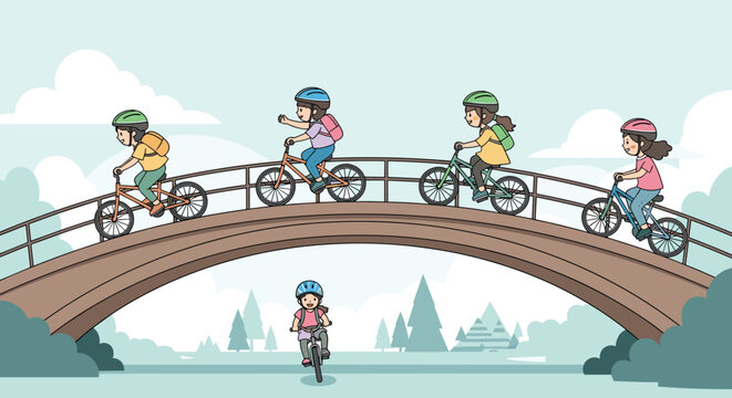 Group of young children wearing safety helmets riding their bicycles across a curved stone bridge in a peaceful green park.