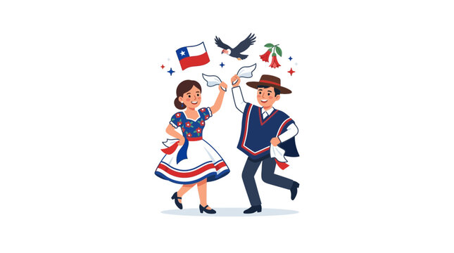 Chilean Couple in Traditional Dress Dancing Cueca Folk Dance