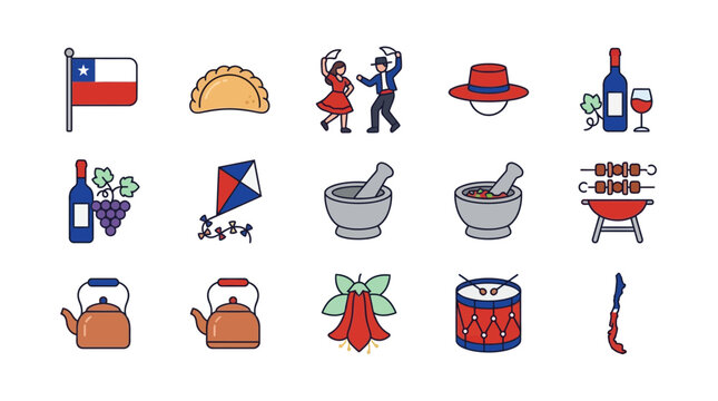 Chilean Cultural Icons Vector Set Featuring Flag, Food, and Dance