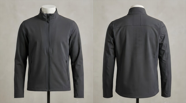 Front and back view of a grey mens softshell jacket on mannequin