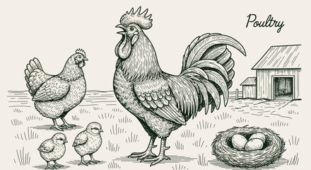 Rooster, chickens, and chicks on farm, poultry illustration, farm animals concept, rural scene © Adam